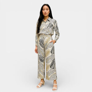 Tropical Top and Pants Set Women Size Medium White Floral Long Sleeves Wide Leg